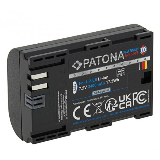 Acumulator Patona Platinum LP-E6, port USB-C , 2400mAh, pentru Canon EOS 60D 70D 80D 5D 6D 7D Blackmagic Pocket Cinema Camera 4K, Blackmagic Pocket Cinema Camera 6K