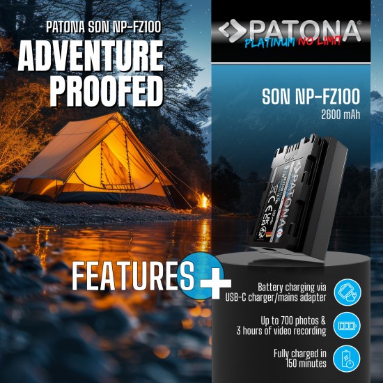 Acumulator Patona Platinum NP-FZ100, port USB-C, 2600 mAh, pentru SONY A7 III A7M3 Alpha 7 III A7 R III A7RM3 Alpha 7
