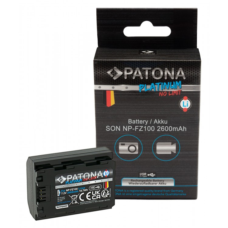 Acumulator Patona Platinum NP-FZ100, port USB-C, 2600 mAh, pentru SONY A7 III A7M3 Alpha 7 III A7 R III A7RM3 Alpha 7