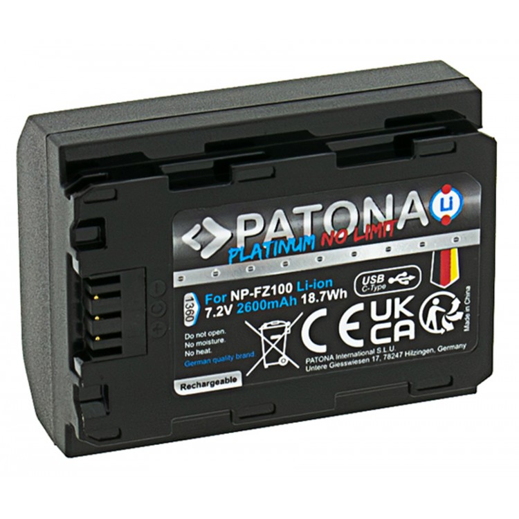 Acumulator Patona Platinum NP-FZ100, port USB-C, 2600 mAh, pentru SONY A7 III A7M3 Alpha 7 III A7 R III A7RM3 Alpha 7