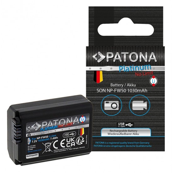 Acumulator Patona Platinum NP-FW50 port USB-C, 1030 mAh, pentru Sony NP-FW50 NEX.3 NEX.3C NEX.5 NEX.5A