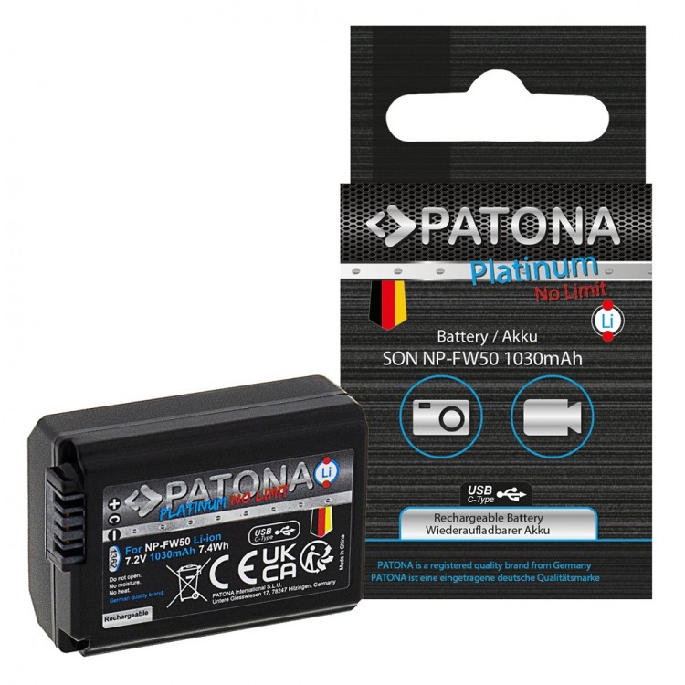 Acumulator Patona Platinum NP-FW50 port USB-C, 1030 mAh, pentru Sony NP-FW50 NEX.3 NEX.3C NEX.5 NEX.5A