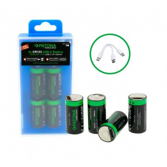 Set 4 acumulatori CR123A Patona Premium USB-C, reincarcabili, descarcare lenta, 800mAh 3.0V, include cablu de incarcare