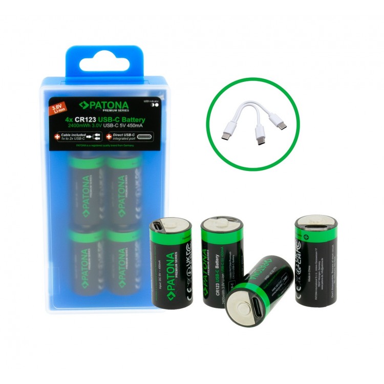 Set 4 acumulatori CR123A Patona Premium USB-C, reincarcabili, descarcare lenta, 800mAh 3.0V, include cablu de incarcare