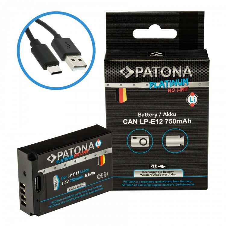 Acumulator Patona Platinum LP-E12, 750mAh, incarcare port USB-C, pentru Canon EOS 100D EOS-M50