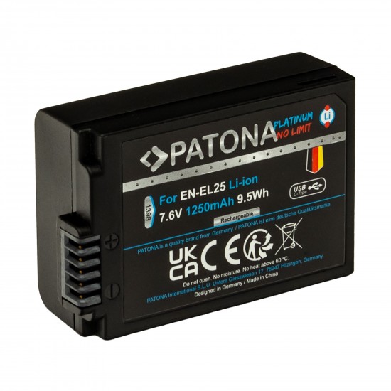 Acumulator Patona Platinum EN-EL25, 1250mAh, incarcare port USB-C, pentru Nikon Zfc, Z50, Z30