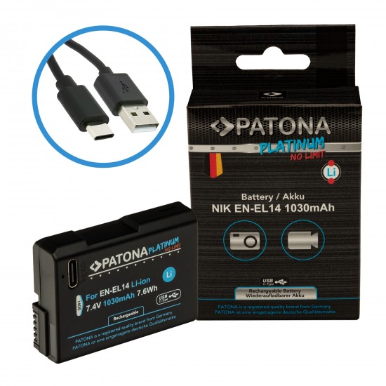 Acumulator Patona Platinum EN-EL14, 1030mAh, incarcare port USB-C, pentru Nikon D3100 D3200 D3400 D3500 D5100 D5300 D5500 D5600 DF Coolpix P7000 P7100 P7800