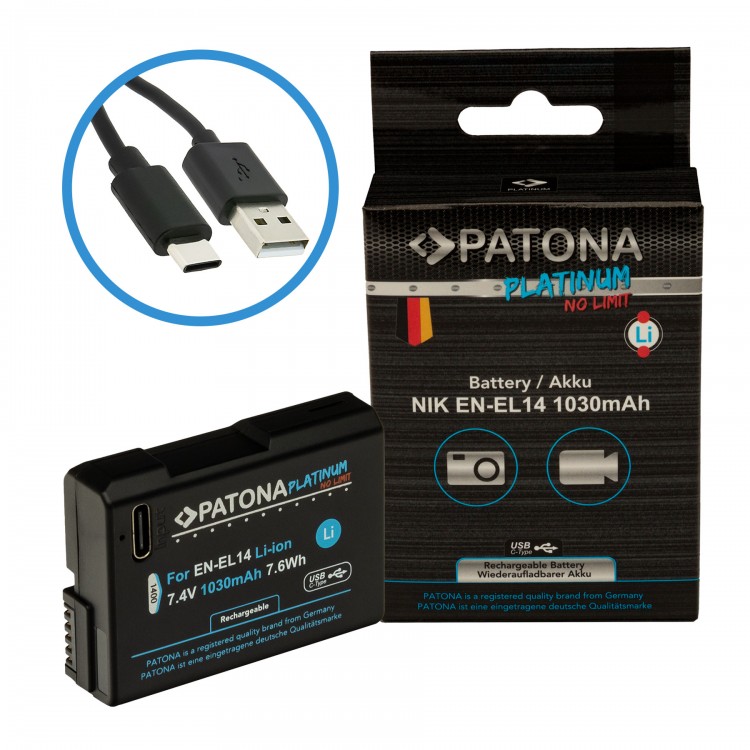 Acumulator Patona Platinum EN-EL14, 1030mAh, incarcare port USB-C, pentru Nikon D3100 D3200 D3400 D3500 D5100 D5300 D5500 D5600 DF Coolpix P7000 P7100 P7800