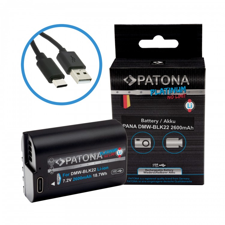 Acumulator Patona Platinum DMW-BLK22, 2600mAh, incarcare port USB-C, pentru Panasonic Lumix S5, G9, GH5, GH5S