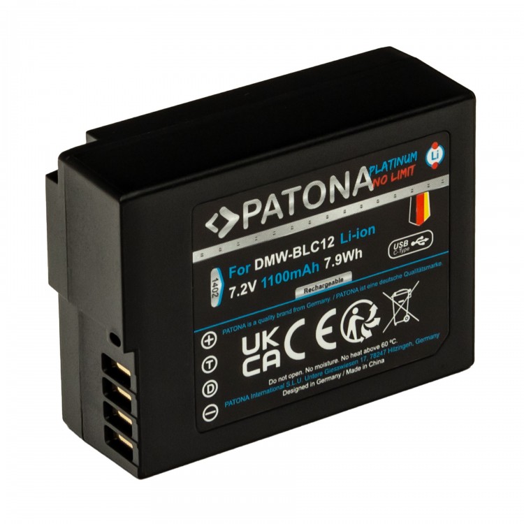 Acumulator Patona Platinum DMW-BLC12, 1100mAh, incarcare port USB-C, pentru Panasonic Panasonic FZ2000, FZ1000, FZ300, FZ200, GX8, G81, G70, G6, G5, GH2