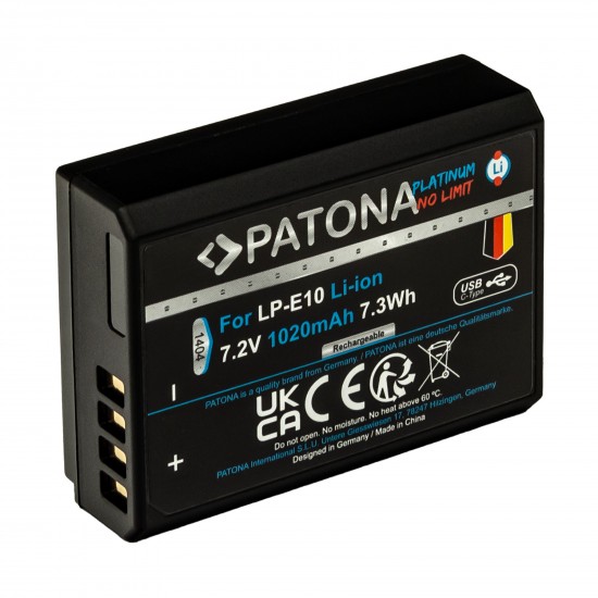 Acumulator Patona Platinum LP-E10, 1020mAh, incarcare port USB-C, pentru Canon EOS 1100D, EOS 1200D, 1300D, 2000D, 4000D