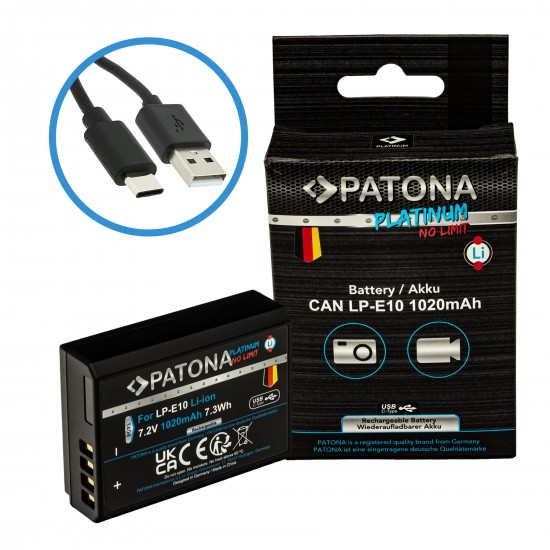 Acumulator Patona Platinum LP-E10, 1020mAh, incarcare port USB-C, pentru Canon EOS 1100D, EOS 1200D, 1300D, 2000D, 4000D