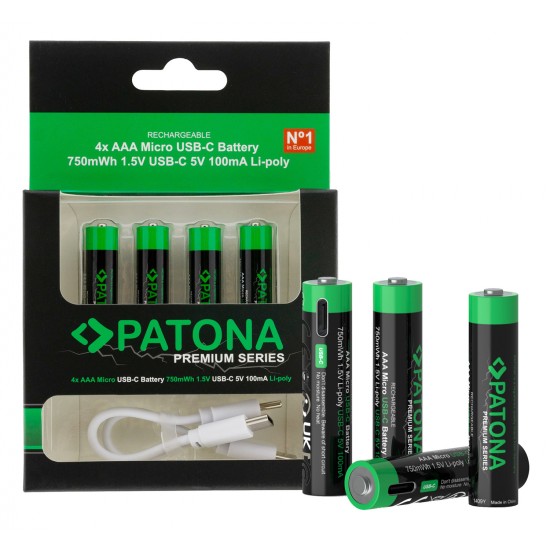 Set 4 bucati, acumulatori AAA Patona Premium USB-C, reincarcabili, descarcare lenta, 750mWh 1,5V, include cablu de incarcare
