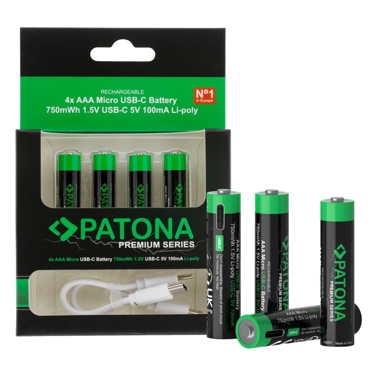 Set 4 bucati, acumulatori AAA Patona Premium USB-C, reincarcabili, descarcare lenta, 750mWh 1,5V, include cablu de incarcare