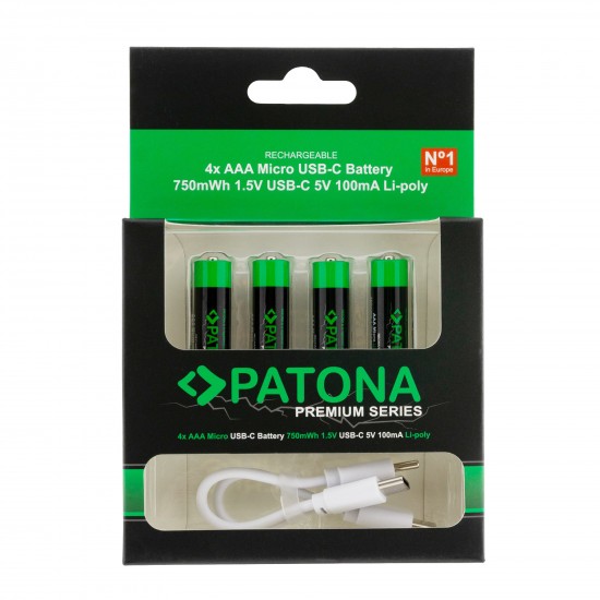 Set 4 bucati, acumulatori AAA Patona Premium USB-C, reincarcabili, descarcare lenta, 750mWh 1,5V, include cablu de incarcare