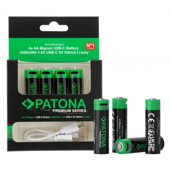 Set 4 bucati, acumulatori AA Patona Premium USB-C, reincarcabili, descarcare lenta, 2000mAh 1,5V, include cablu de incarcare