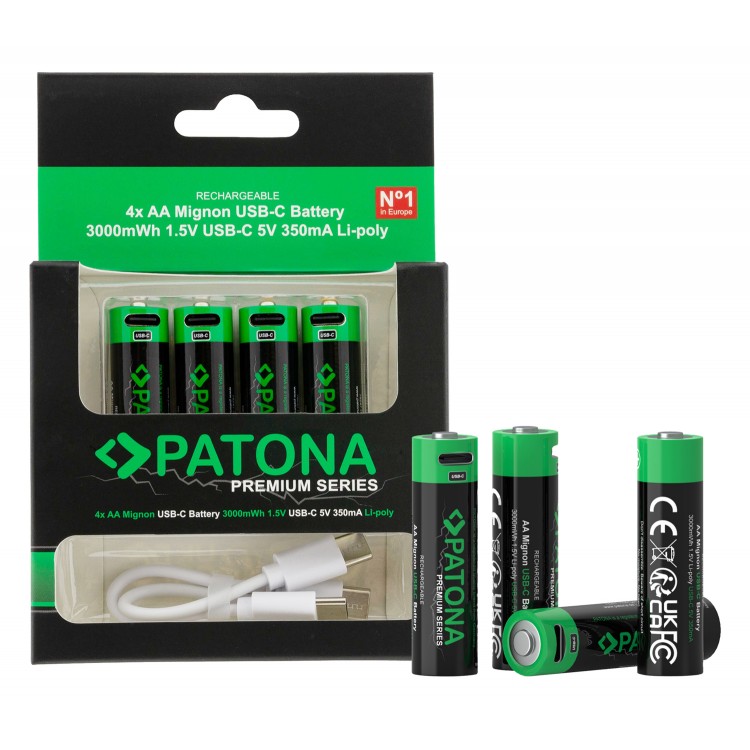 Set 4 bucati, acumulatori AA Patona Premium USB-C, reincarcabili, descarcare lenta, 2000mAh 1,5V, include cablu de incarcare