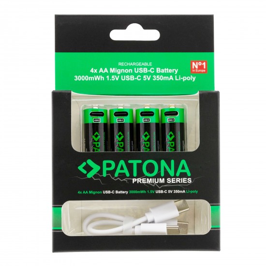 Set 4 bucati, acumulatori AA Patona Premium USB-C, reincarcabili, descarcare lenta, 2000mAh 1,5V, include cablu de incarcare