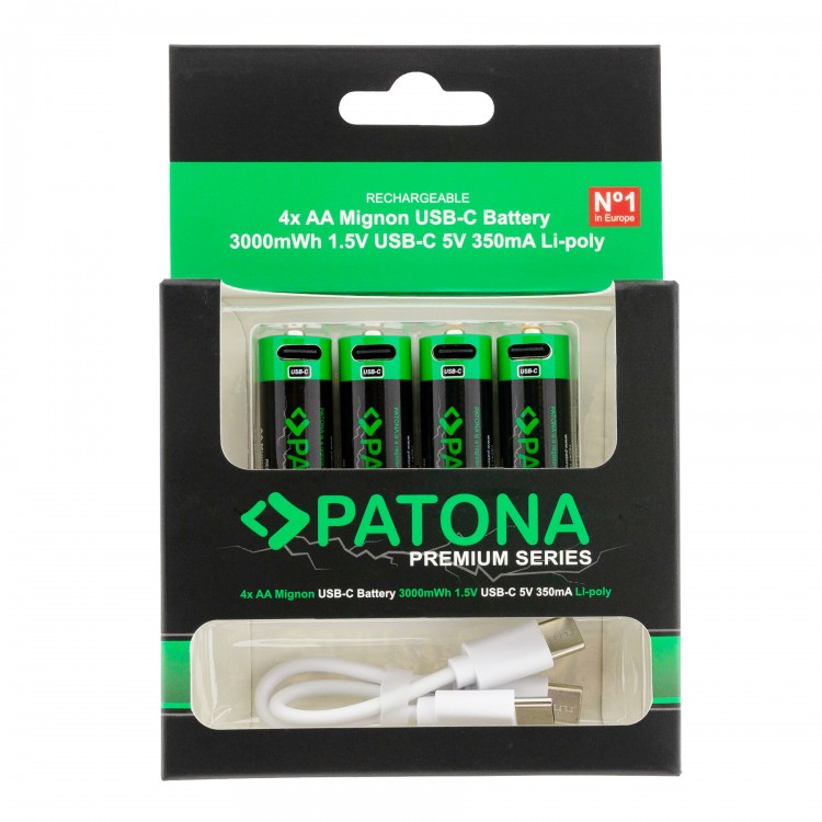 Set 4 bucati, acumulatori AA Patona Premium USB-C, reincarcabili, descarcare lenta, 2000mAh 1,5V, include cablu de incarcare