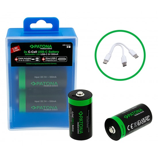 Set 2 acumulatori LR14 Patona Premium USB-C, reincarcabili, descarcare lenta, 2300 mAh 1.5V, include cablu de incarcare