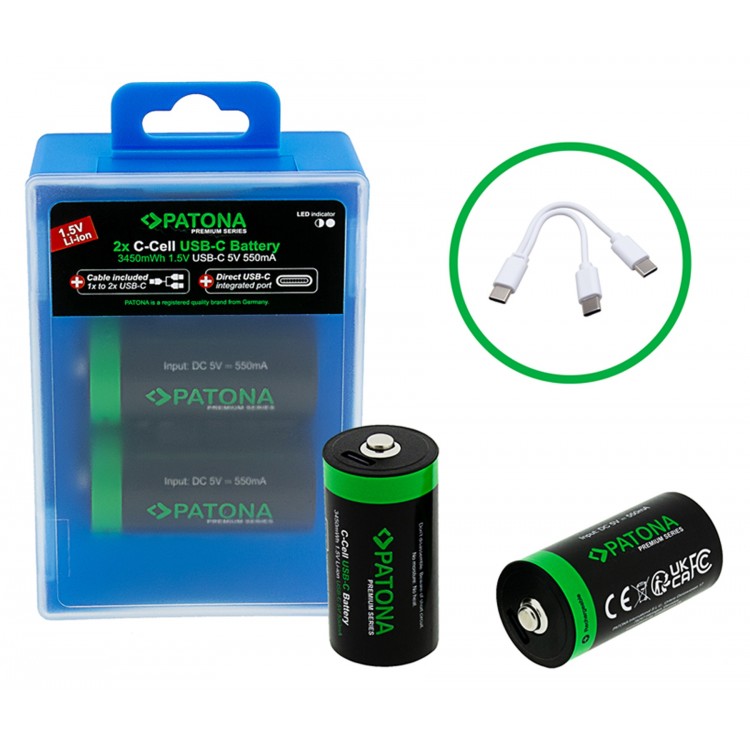 Set 2 acumulatori LR14 Patona Premium USB-C, reincarcabili, descarcare lenta, 2300 mAh 1.5V, include cablu de incarcare