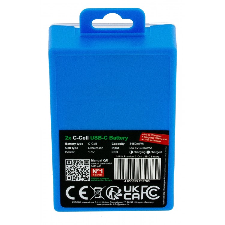 Set 2 acumulatori LR14 Patona Premium USB-C, reincarcabili, descarcare lenta, 2300 mAh 1.5V, include cablu de incarcare