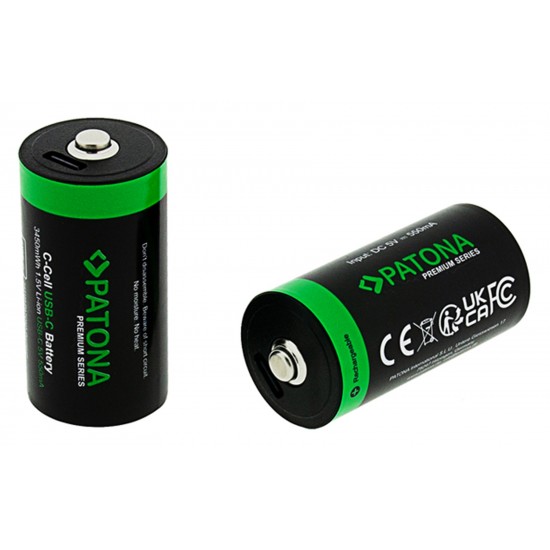 Set 2 acumulatori LR14 Patona Premium USB-C, reincarcabili, descarcare lenta, 2300 mAh 1.5V, include cablu de incarcare