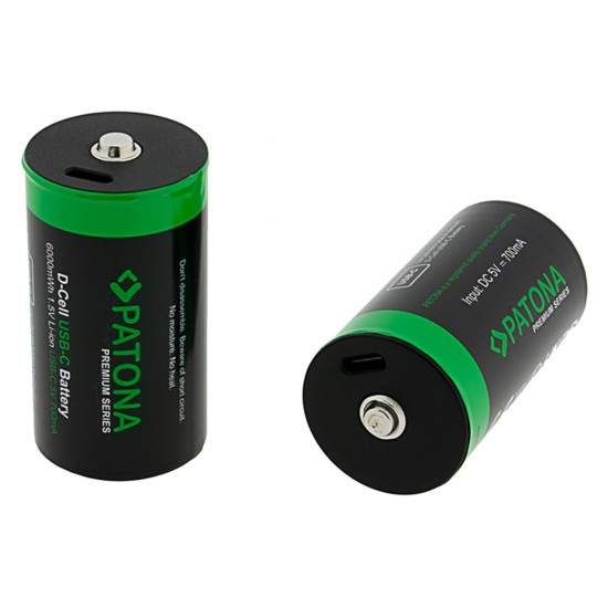 Set 2 acumulatori LR20 Patona Premium USB-C, reincarcabili, descarcare lenta, 4000 mAh 1.5V, include cablu de incarcare