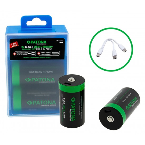 Set 2 acumulatori LR20 Patona Premium USB-C, reincarcabili, descarcare lenta, 4000 mAh 1.5V, include cablu de incarcare