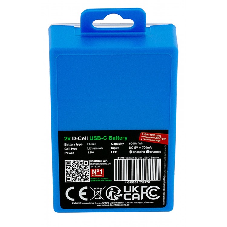 Set 2 acumulatori LR20 Patona Premium USB-C, reincarcabili, descarcare lenta, 4000 mAh 1.5V, include cablu de incarcare