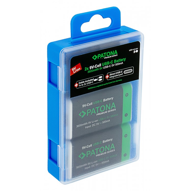 Set 2 acumulatori 6F22 Patona Premium USB-C, reincarcabili, descarcare lenta, 3600mWh, 9V, include cablu de incarcare
