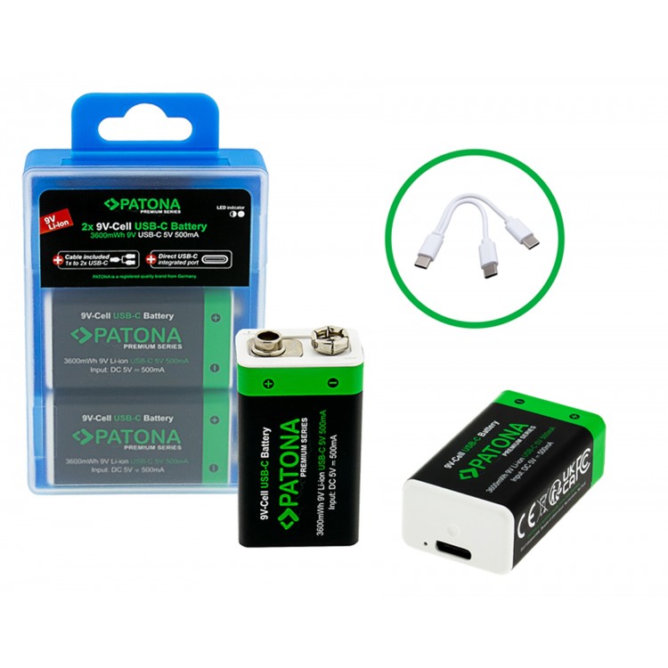Set 2 acumulatori 6F22 Patona Premium USB-C, reincarcabili, descarcare lenta, 3600mWh, 9V, include cablu de incarcare