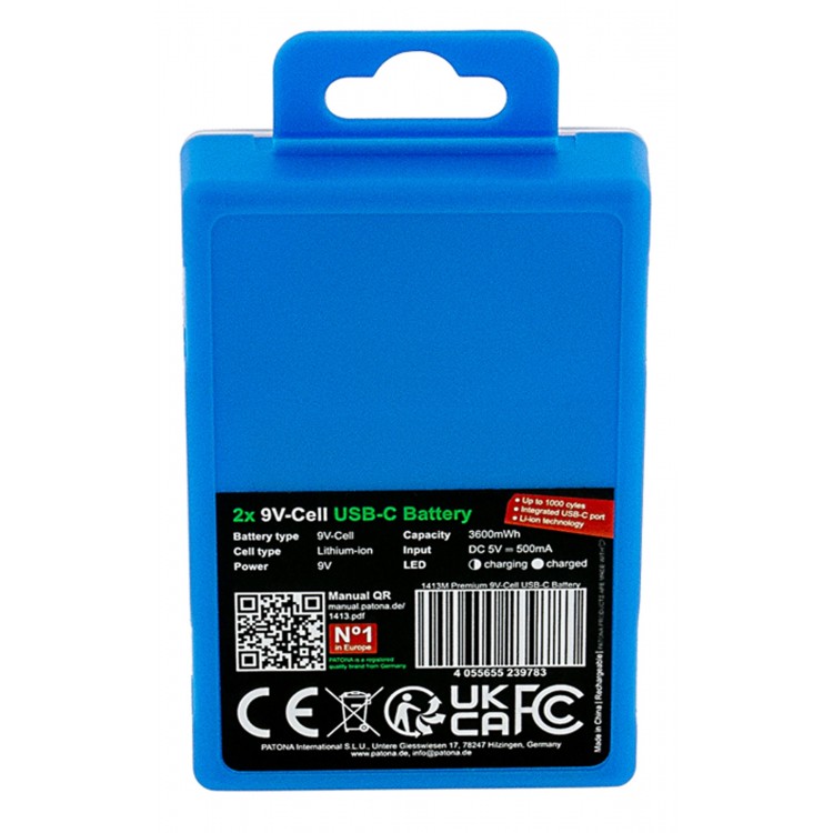 Set 2 acumulatori 6F22 Patona Premium USB-C, reincarcabili, descarcare lenta, 3600mWh, 9V, include cablu de incarcare