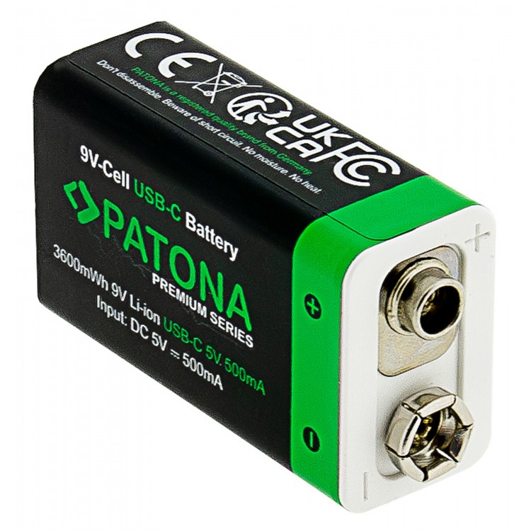 Set 2 acumulatori 6F22 Patona Premium USB-C, reincarcabili, descarcare lenta, 3600mWh, 9V, include cablu de incarcare