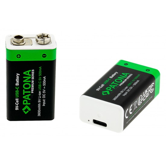 Set 2 acumulatori 6F22 Patona Premium USB-C, reincarcabili, descarcare lenta, 3600mWh, 9V, include cablu de incarcare