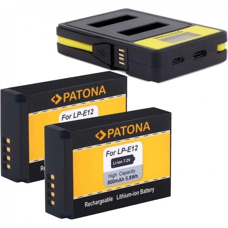 Pachet Incarcator Dual LCD USB/USB-C si 2x acumulator PATONA LP-E12, 800 mAh