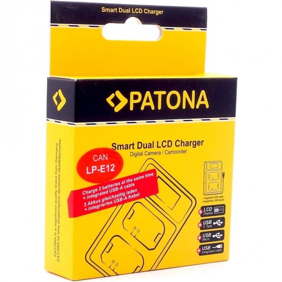 Pachet Incarcator Dual LCD USB/USB-C si 2x acumulator PATONA LP-E12, 800 mAh