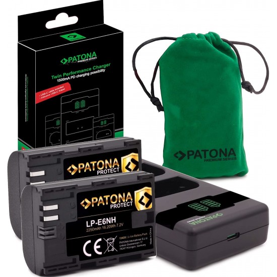 Pachet Incarcator Dual LCD PD Performance, 2x Acumulator Patona Protect cu senzor NTC pentru Canon LP-E6NH, 2250 mAh
