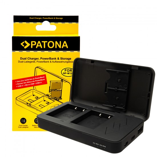 Incarcator Dual USB Patona NP-W126 cu functie Power Bank si spatiu pentru 2x carduri SD pentru Fuji FinePix