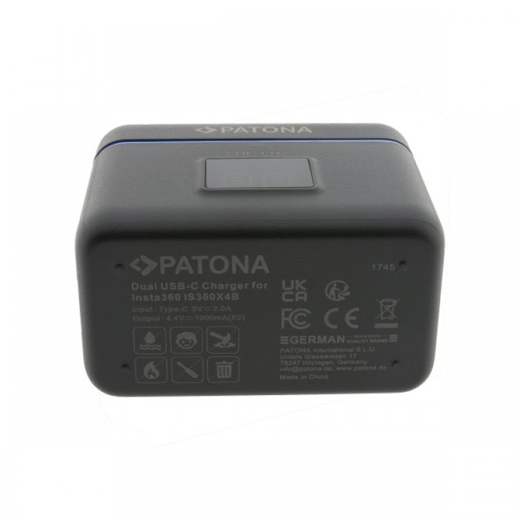 Carcasa de incarcare dubla PATONA pentru Insta360 X4 IS360X4B, include cablu USB-C