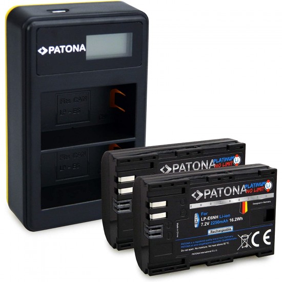 Pachet Incarcator Dual LCD USB, 2x Acumulator Patona Platinum pentru Canon LP-E6NH, LP-E6, LP-E6N