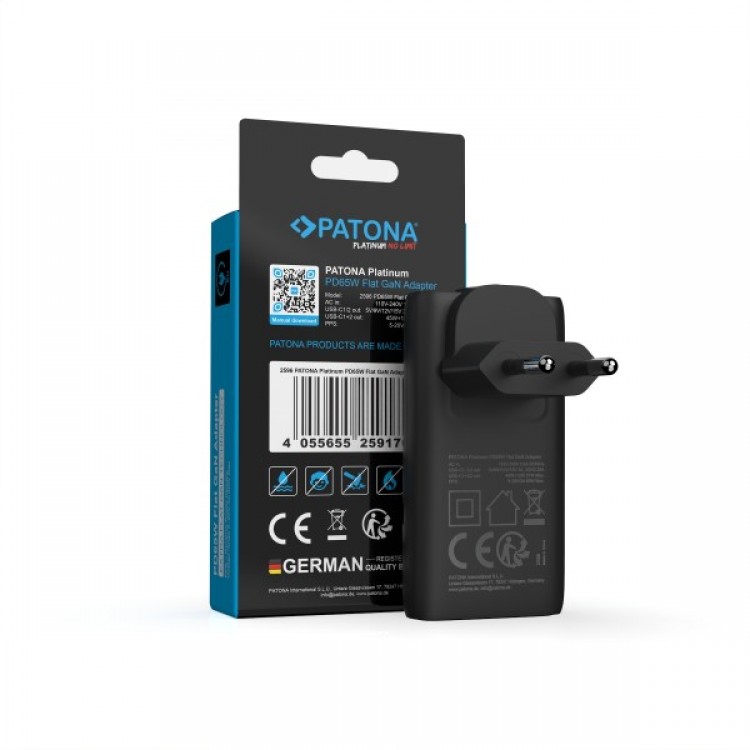 Incarcator plat PATONA Platinum GaN PD65W, 2x USB-C PD3.0 QC3.0, Negru
