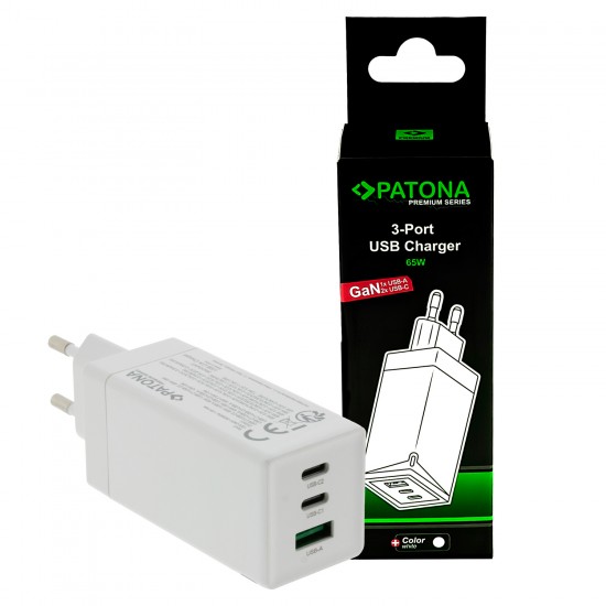 Incarcator retea PATONA Premium GaN PD65W alb 2xUSB-C 1xUSB-A PD3.0 QC3.0