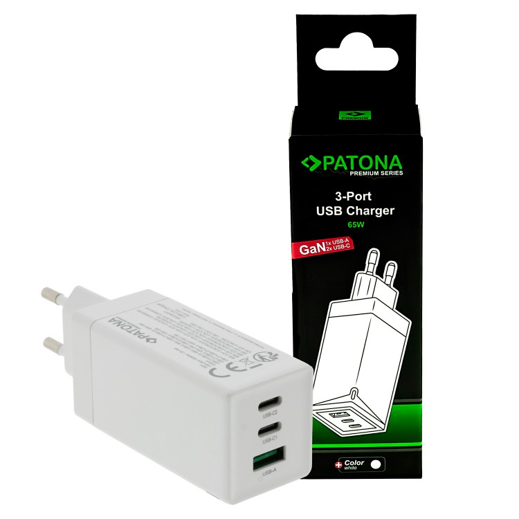 Incarcator retea PATONA Premium GaN PD65W alb 2xUSB-C 1xUSB-A PD3.0 QC3.0