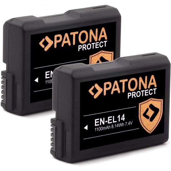 Pachet 2x acumulator PATONA Protect EN-EL14, 1100mAh pentru Nikon D3100, D3200, D5100, D5200, D5300, D3400, D5500, D56000