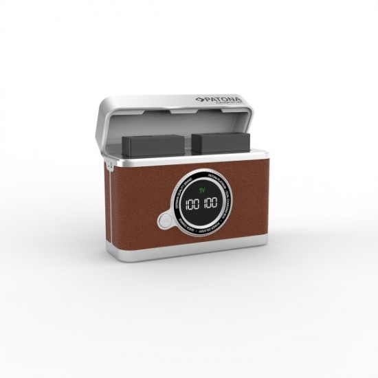 Carcasa de încărcare dublă Patona Platinum Retro, USB-C, gri cu finisaj texturat maro, pentru Fuji NP-W235