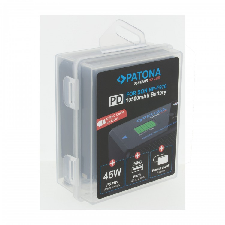 Acumulator PATONA Platinum NP-F970, 10500mAh, PD 45W, Functie Power Bank, include carcasa depozitare/transport, cablu USB-C, Compatibil Camere Video/Lapi LED studio
