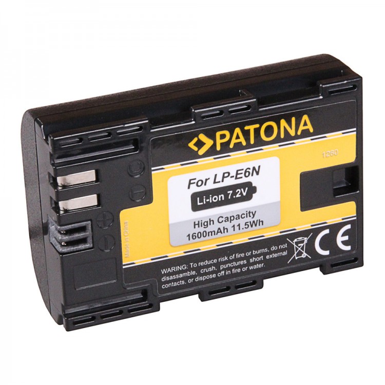 Acumulator Patona LP-E6N, 1600 mAh, pentru Canon EOS 5D MARK II, EOS 5D MARK III, EOS 5D MARK IV, EOS 6D, EOS 6D MARK II, EOS 60D, EOS 7D, EOS 7D MARK II, EOS 70D, EOS 80D, EOS 90D EOS R