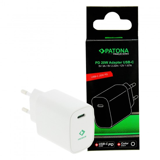 Incarcator retea PATONA Premium PD20W, USB-C PD3.0 QC3.0, Alb